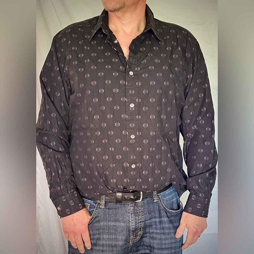 Indigo Palms Distressed Black Long Sleeve Button Down with Floral Print